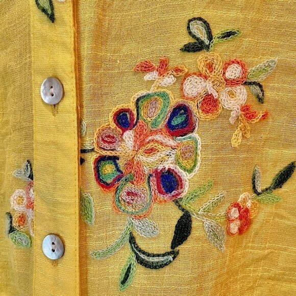 Fig and Flower Blouse Womens M Floral Embroidered Boho Peasant Top Yellow Button - Picture 7 of 12